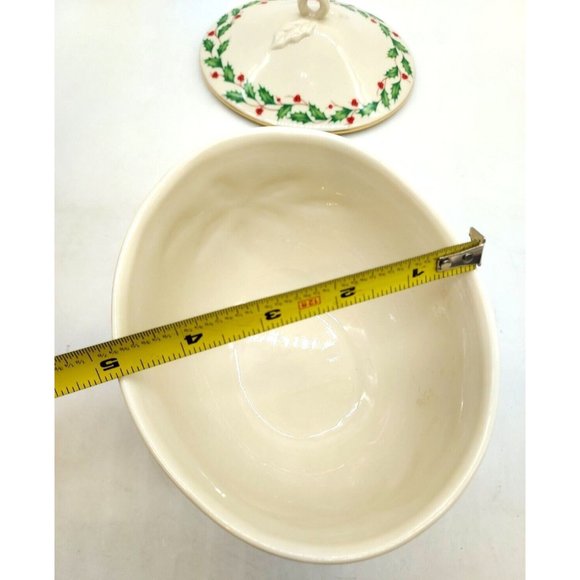 Lenox Holiday Covered Candy Dish Ivory Pedestal Bowl Holly Leaf Raised Details - Picture 6 of 7